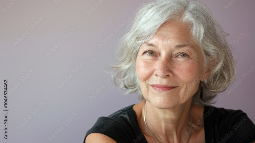 Gentle Senior Woman Portrait on Lavender Background for Empathy and Wisdom Themes Gentle Senior Woman Portrait on Lavender Background for Empathy and Wisdom Themes