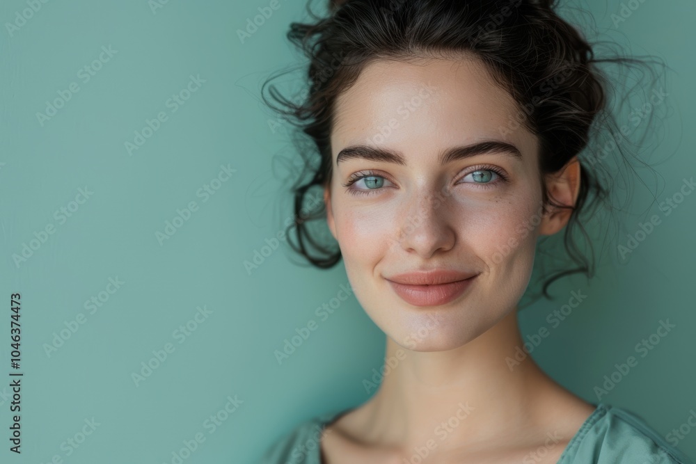 Confident Young Woman with Assertive Smile on Green Monochrome Background Confident Young Woman with Assertive Smile on Green Monochrome Background