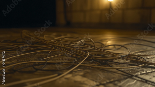 Tangled wires against a dimly lit background create an intriguing play of shadows on the textured floor at night
