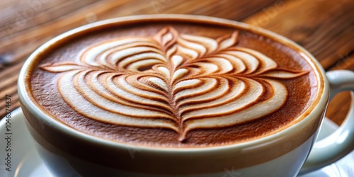 Closeup of intricate rosetta design in frothy cappuccino, Latte art, cafe, coffee, cup, table, flower, drawing, foam photo