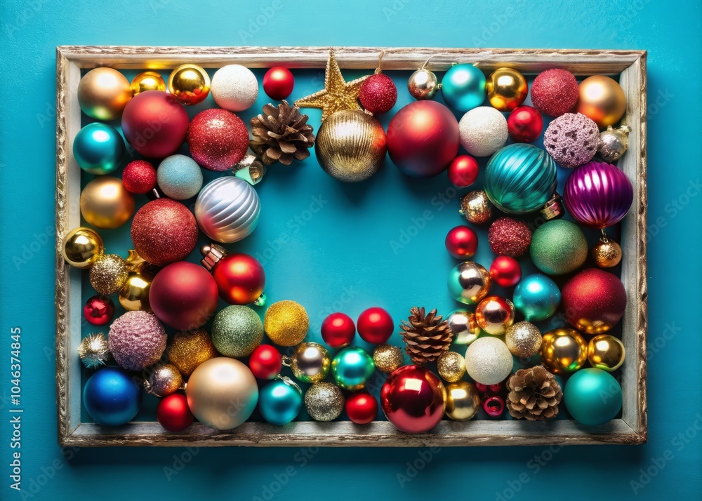 Christmas Ornaments Frame on Blue Background - Festive Decorations, Holiday Decor, Seasonal Elements, Colorful Baubles, Winter Celebration, Christmas Ornaments Frame on Blue Background - Festive Decorations, Holiday Decor, Seasonal Elements, Colorful Baubles, Winter Celebration,