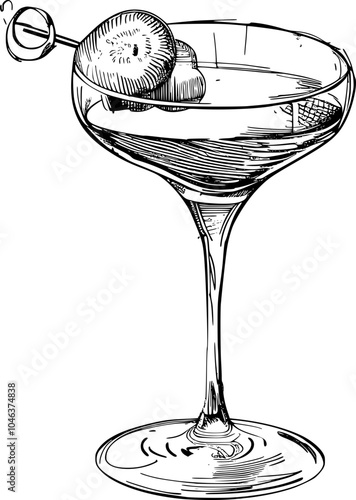 Hand drawn sketch of a martini glass with olives.