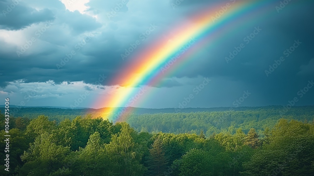 A brilliant rainbow arches through a gloomy, rainy sky, its vibrant colors contrasting sharply with the stormy clouds, creating a breathtaking view A brilliant rainbow arches through a gloomy, rainy sky, its vibrant colors contrasting sharply with the stormy clouds, creating a breathtaking view