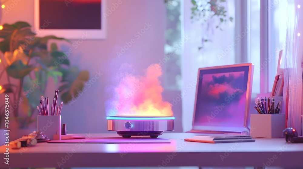 Whimsical Robotic Luminescent Device Hovering Above Minimalist Desk Delighting with Unexpected Bursts of Ethereal Energy Whimsical Robotic Luminescent Device Hovering Above Minimalist Desk Delighting with Unexpected Bursts of Ethereal Energy