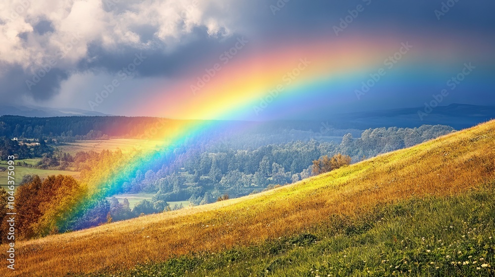 A brilliant rainbow cutting through the grey, rain-drenched sky, illuminating the landscape below with its vibrant and hopeful spectrum A brilliant rainbow cutting through the grey, rain-drenched sky, illuminating the landscape below with its vibrant and hopeful spectrum