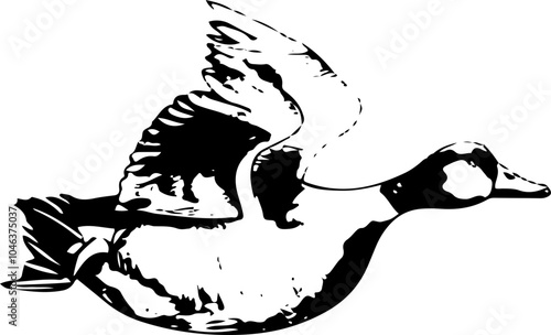 A black and white illustration of a duck flying with its wings spread.