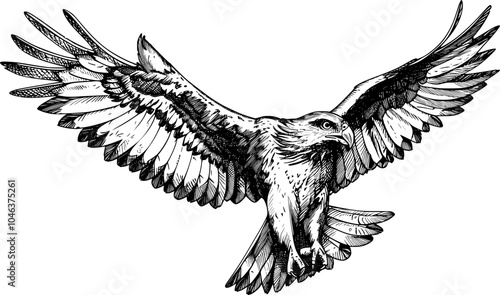 Black and white hand drawn illustration of an eagle flying with wings spread.