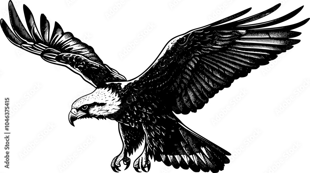 Fototapeta premium Black and white illustration of an eagle in flight. (1)