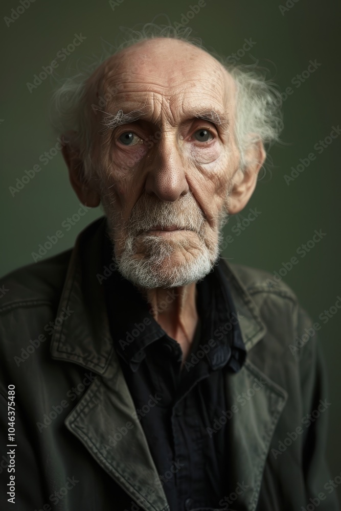 Thoughtful Elderly Man Portrait on Olive Green Background for Reflection Themes Thoughtful Elderly Man Portrait on Olive Green Background for Reflection Themes