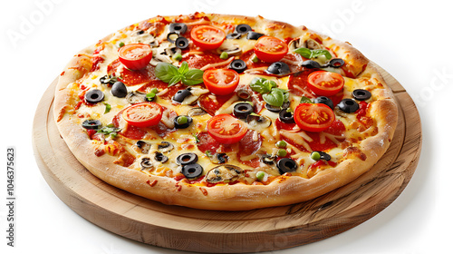 gourmet vegan pizza on rustic table isolated on white background, png