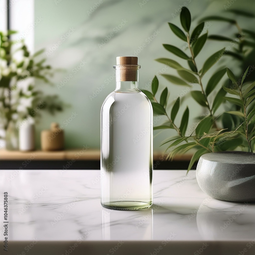 Transparent glass bottle with no label on a modern marble countertop, surrounded by minimalist decor, perfect for cosmetic or beverage branding mockups Transparent glass bottle with no label on a modern marble countertop, surrounded by minimalist decor, perfect for cosmetic or beverage branding mockups