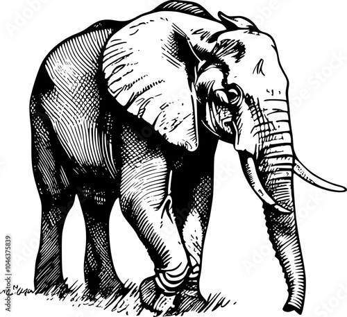 Black and white line art illustration of an elephant.
