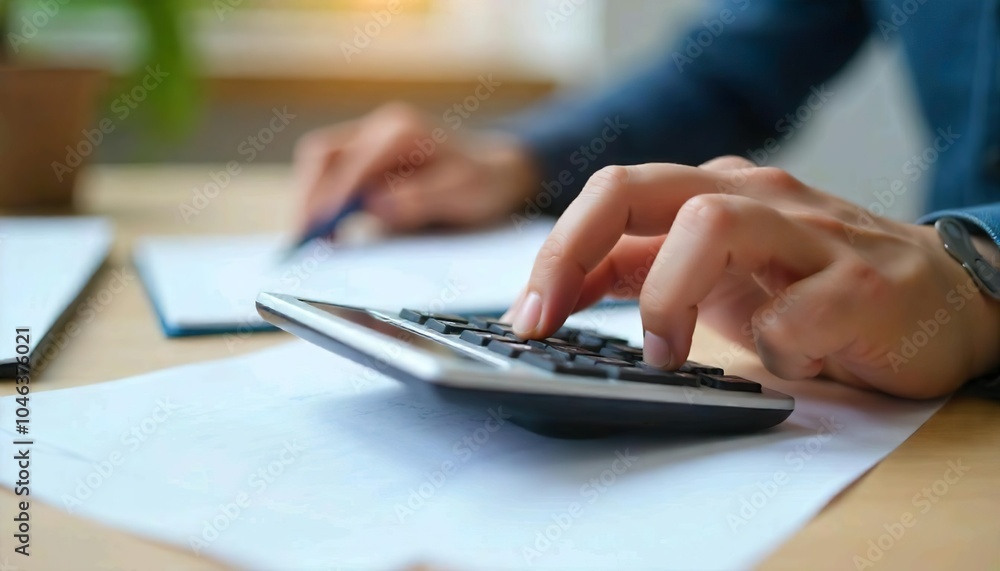 A person's hands using a calculator on a desk with papers A person's hands using a calculator on a desk with papers