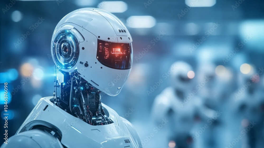 Fototapeta premium Futuristic humanoid robot with glowing features in a high-tech setting