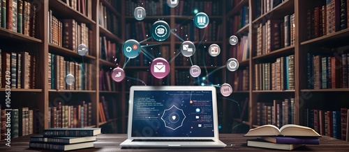 Laptop with Digital Learning and Education Icons in a Library photo