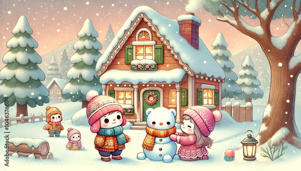 Fototapeta premium Children Joyfully Building a Snowbear in Front of a Cozy Winter Cottage as Snow Falls Gently Around Them
