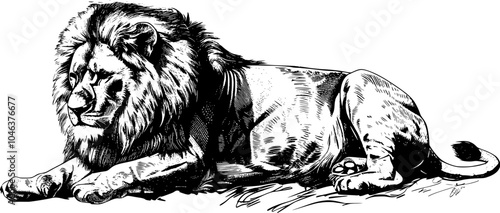 Black and white illustration of a lion laying down. (1)