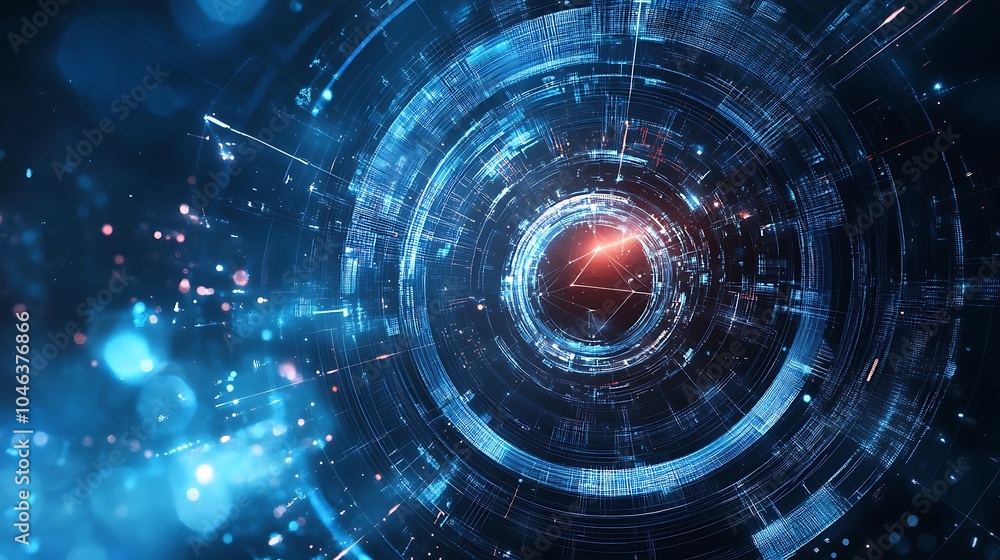 Futuristic Digital Technology Interface with Glowing Blue and Red Circular Patterns Illustration Futuristic Digital Technology Interface with Glowing Blue and Red Circular Patterns Illustration