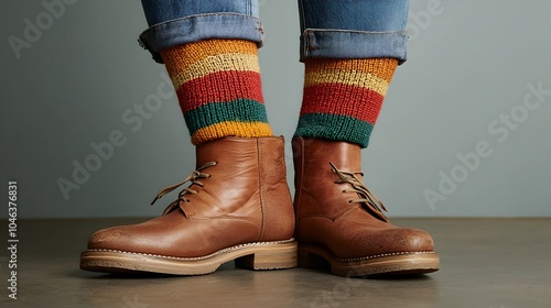 Colorful Socks Peeking from Stylish Leather Boots