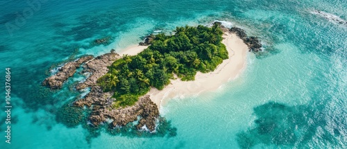 Aerial view of a serene tropical island with lush greenery and sandy beach surrounded by turquoise water.