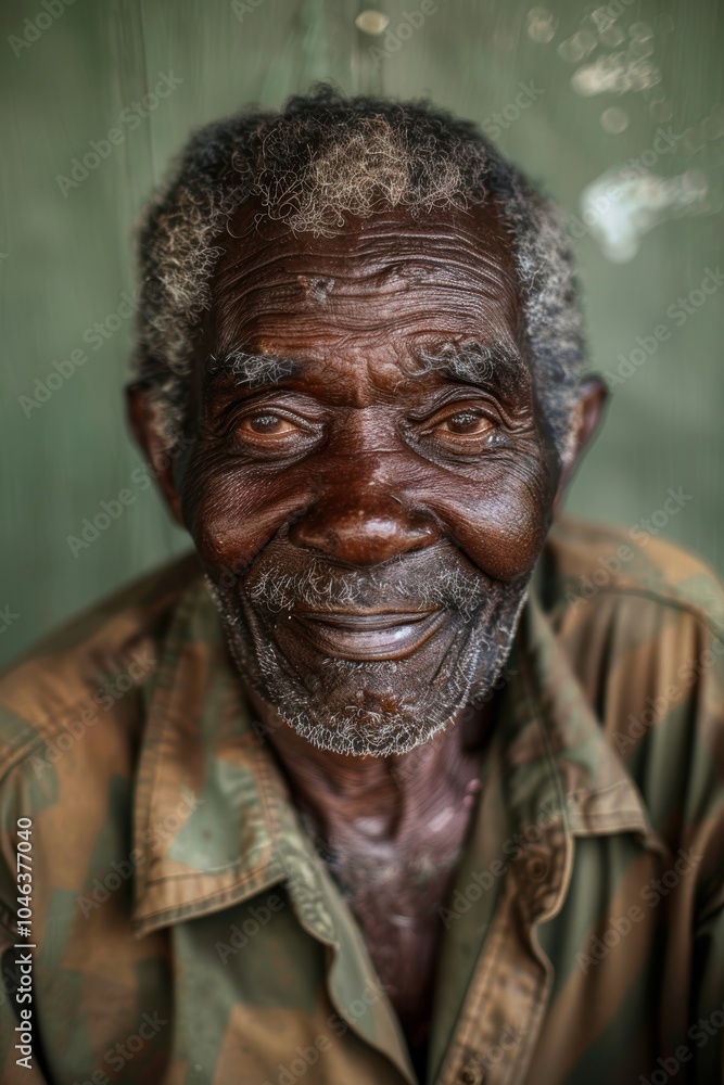 Proud Elderly Man with Contented Smile Against Olive Green Background Proud Elderly Man with Contented Smile Against Olive Green Background