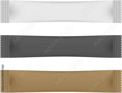 Blank Sugar Sachet Stick Mockup, Isolated Brown, White and black Paper Pouch for Coffee, Salt, and Spices, Vector Packaging Design
