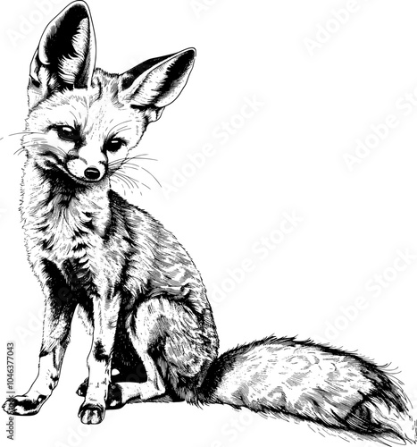 Hand drawn black and white illustration of a Fennec fox with big ears.