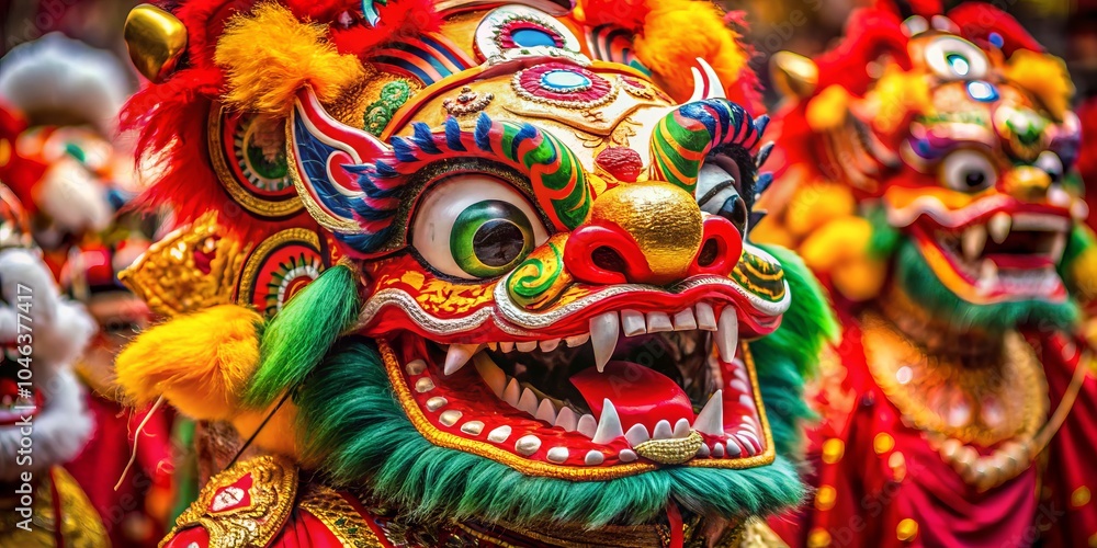 Obraz premium Close-Up of a Vibrant Chinese Lion Dance Mask with Intricate Patterns and Powerful Expression for Documentary Photography