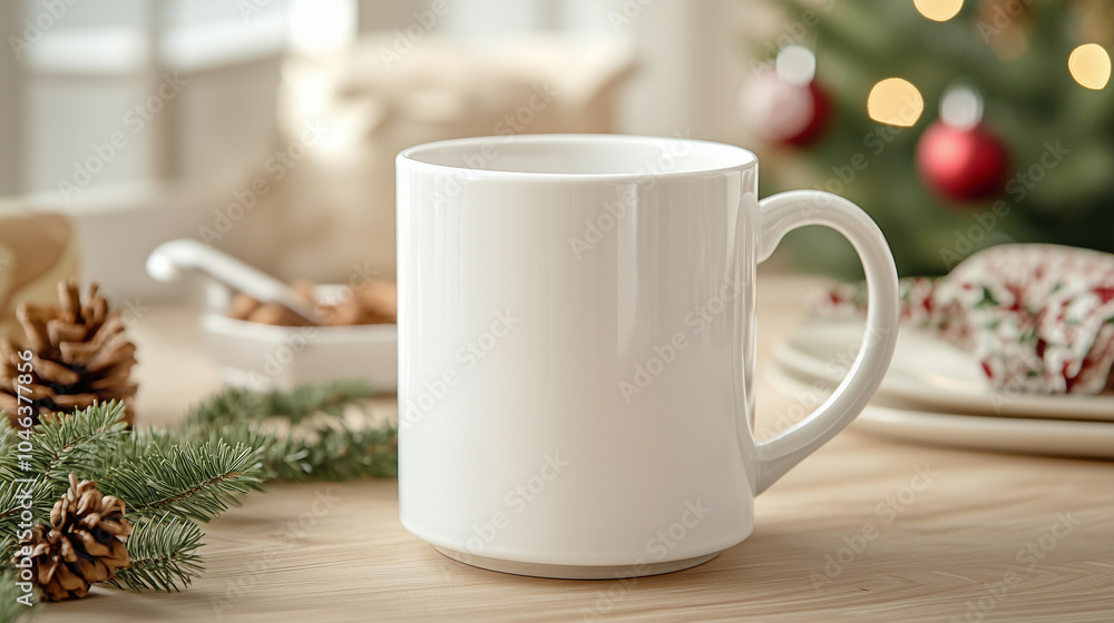 Winter Holiday Season Theme with Blank Mug, Festive Decoration Background, Christmas background Winter Holiday Season Theme with Blank Mug, Festive Decoration Background, Christmas background