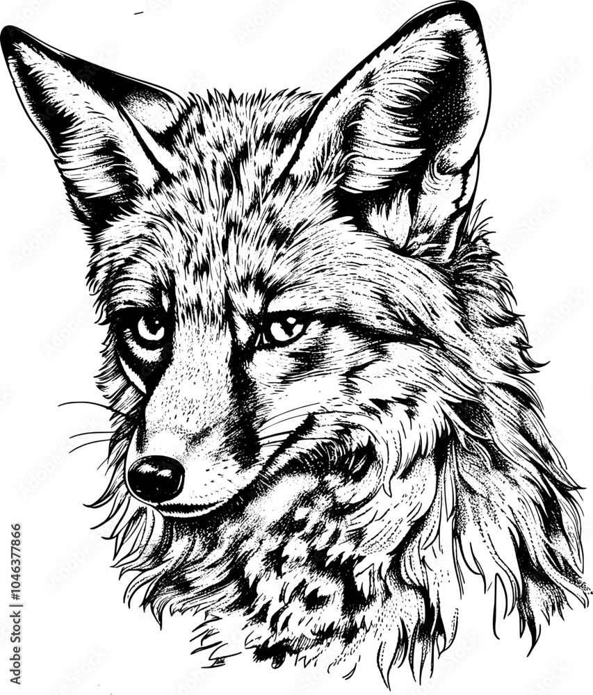 Close-up black and white illustration of a fox's face. Close-up black and white illustration of a fox's face.
