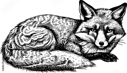 Black and white illustration of a fox lying down.