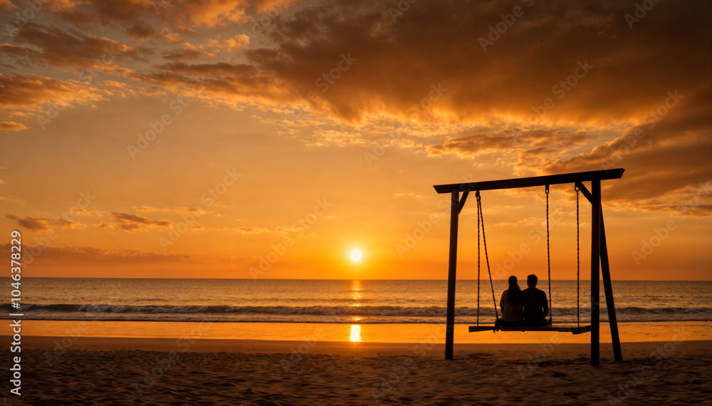 Fototapeta premium a couple sitting on a swing on a beach at sunset with the ocean and clouds in the background.