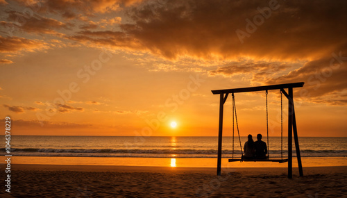 a couple sitting on a swing on a beach at sunset with the ocean and clouds in the background.