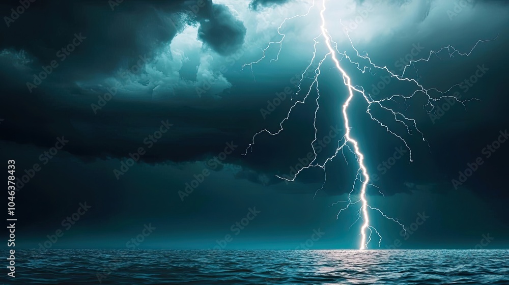 Dramatic lightning striking the ocean during a stormy night. Dramatic lightning striking the ocean during a stormy night.