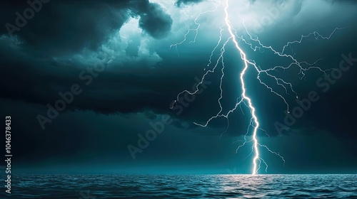 Dramatic lightning striking the ocean during a stormy night.