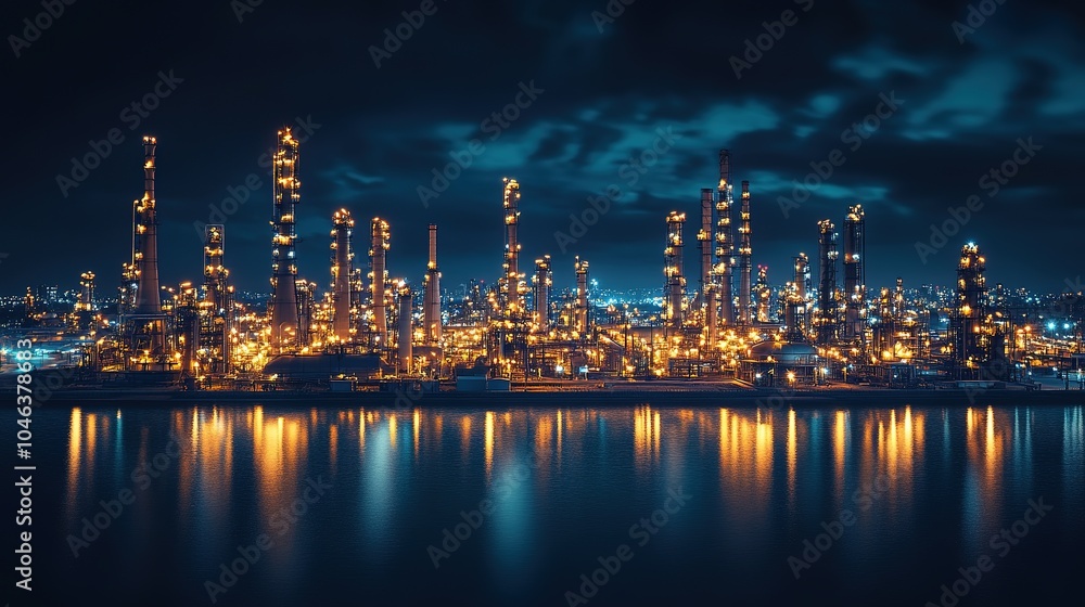 Naklejka premium Illuminated industrial skyline at night showcasing towering refinery structures and vibrant reflections on the water
