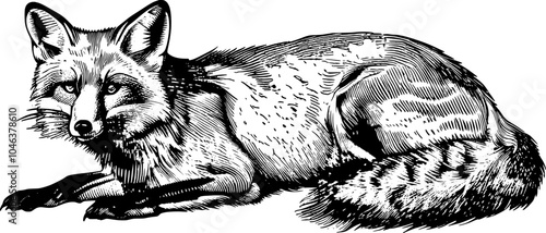 Black and white illustration of a lying fox.