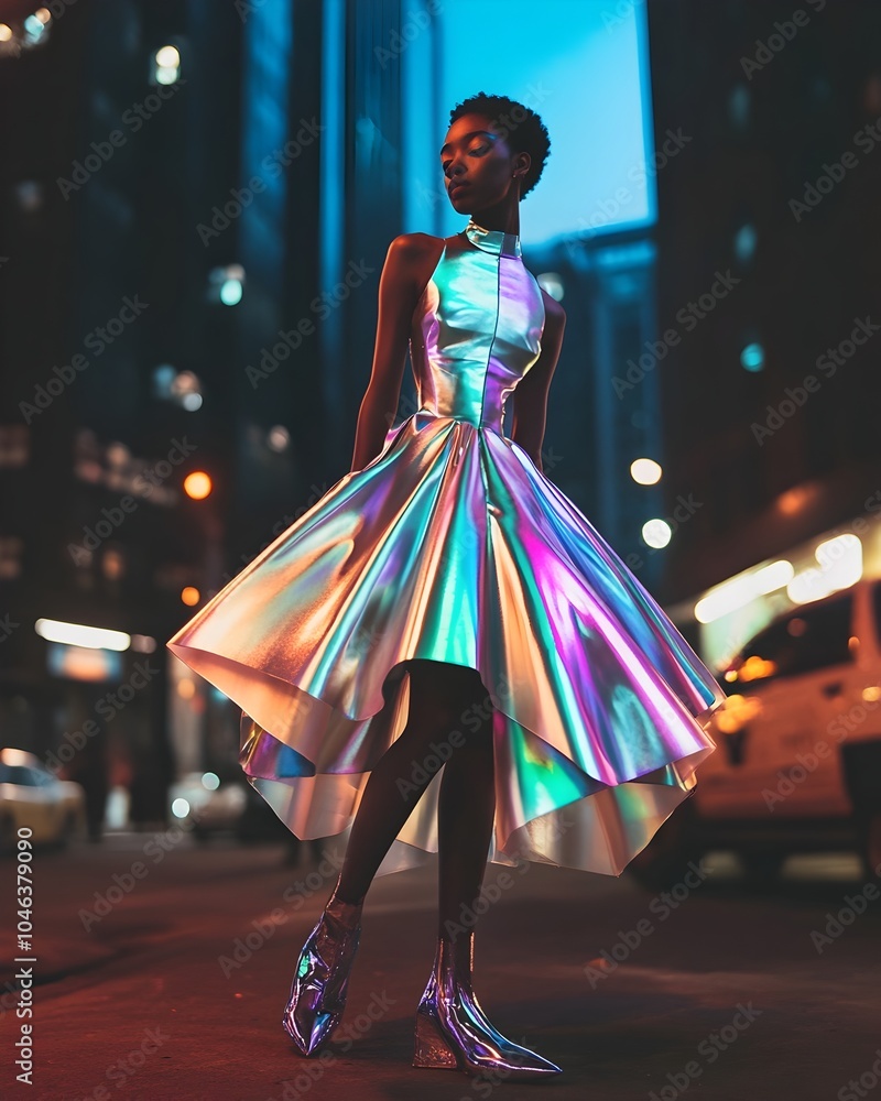 Adaptive Afrofuturistic Couture Dress Responding to Wearer s Vital Signs and Emotional State in Neon Lit City Nightscape Adaptive Afrofuturistic Couture Dress Responding to Wearer s Vital Signs and Emotional State in Neon Lit City Nightscape