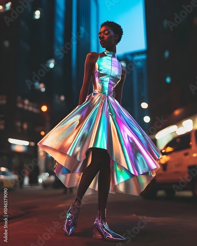 Adaptive Afrofuturistic Couture Dress Responding to Wearer s Vital Signs and Emotional State in Neon Lit City Nightscape photo