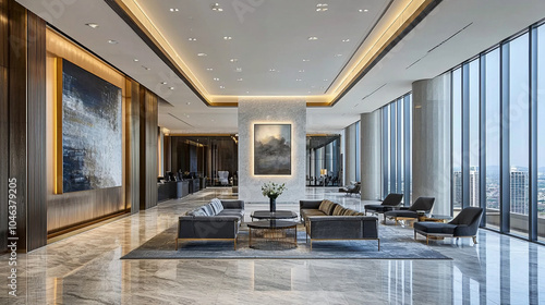 A luxurious office reception with marble floors