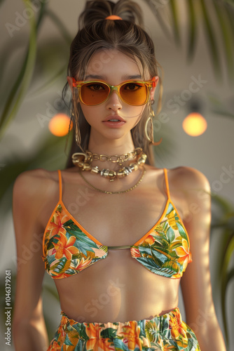 A cartoon-style female model dressed in a trendy summer outfit, capturing a playful and vibrant fashion vibe, fashion illustrations, summer style guide 