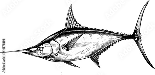 Hand drawn illustration of a marlin fish in black and white.