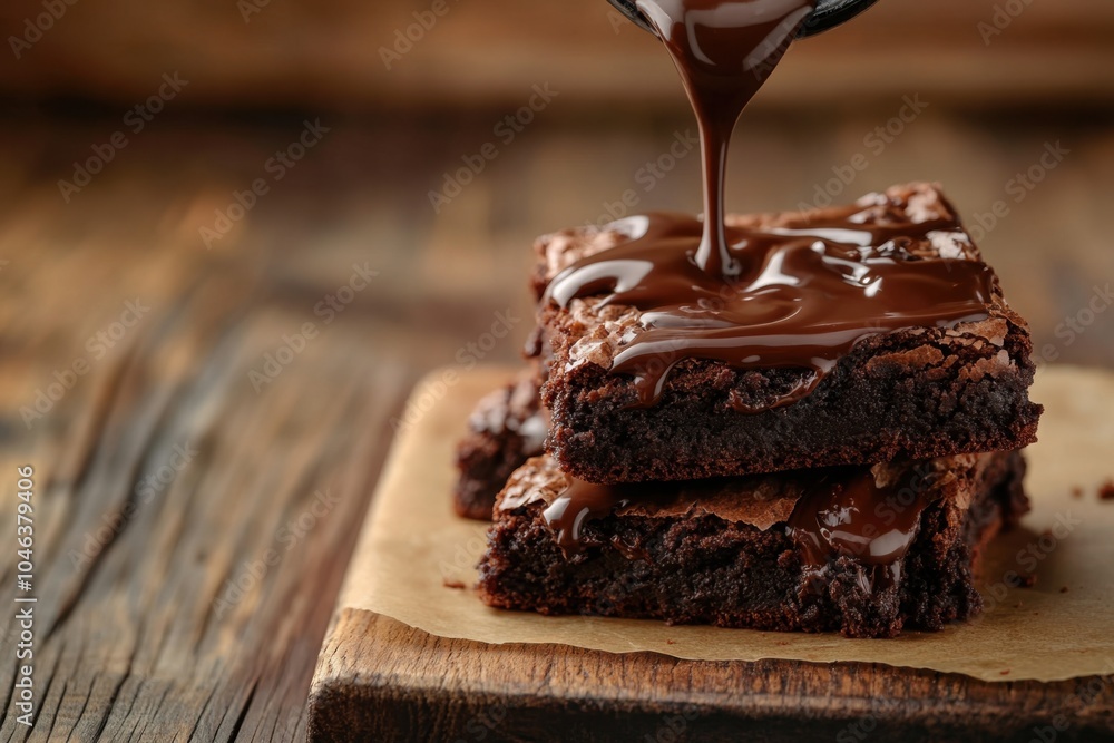 Obraz premium A close-up of melted chocolate being poured over a stack of brownies on a wooden board, with blank space at the top for text or promotional content.