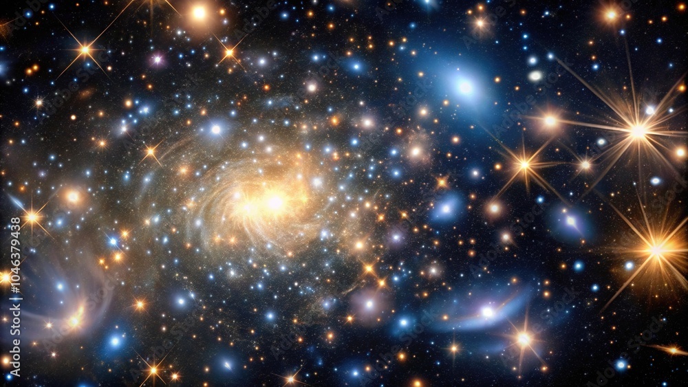 Stunning image of a galaxy cluster with bright stars and galaxies in the foreground, space, astronomical phenomena, interstellar gas and dust Stunning image of a galaxy cluster with bright stars and galaxies in the foreground, space, astronomical phenomena, interstellar gas and dust