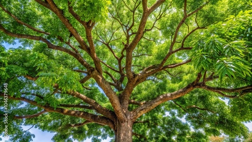 Stock photo of neem tree or azadirachta indica with branches and leaves, featuring leading lines in composition