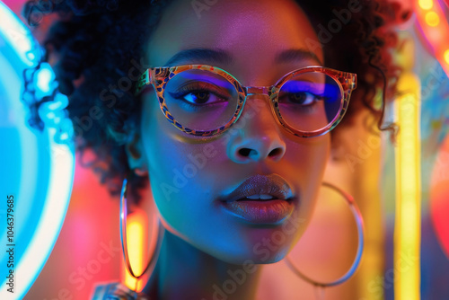 A close-up shot showcasing the model's face, accentuated by funky and colorful eyewear that adds a playful touch to her look, in a party, fashion photography, Generative AI