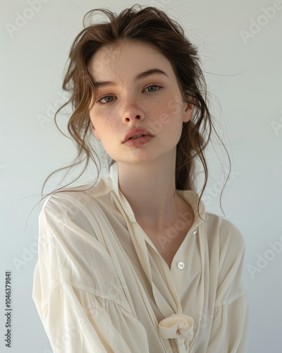 A female model in chic, comfortable casual wear in a minimalist studio with soft lighting and neutral tones. The look emphasizes modern simplicity and effortless elegance, Generative AI, 