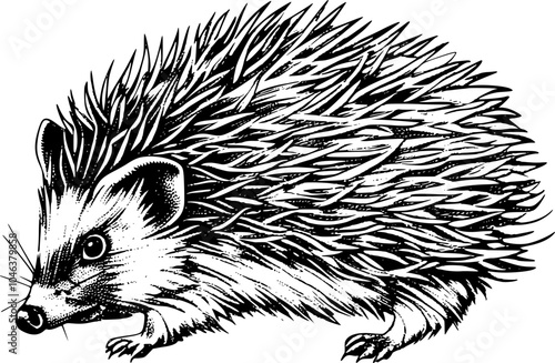 A black and white illustration of a hedgehog, with detailed fur and a cute, inquisitive expression.