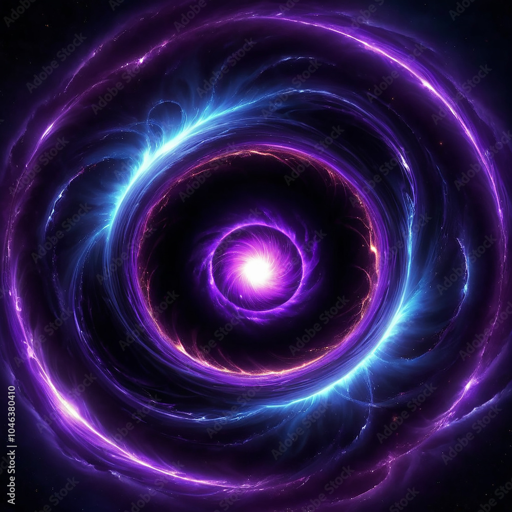 A swirling cosmic vortex with a bright white center surrounded by concentric rings of purple and blue light against a dark space background. A swirling cosmic vortex with a bright white center surrounded by concentric rings of purple and blue light against a dark space background.