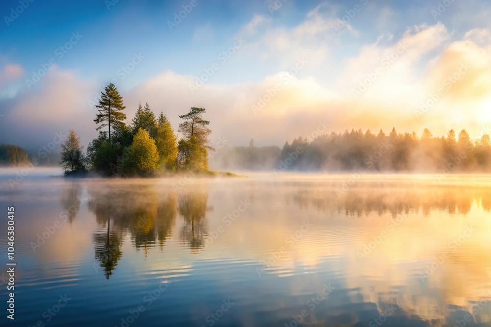 Fototapeta premium Softly glowing fog rises from a serene lake on a crisp white texture background, fog, peaceful, lake, water